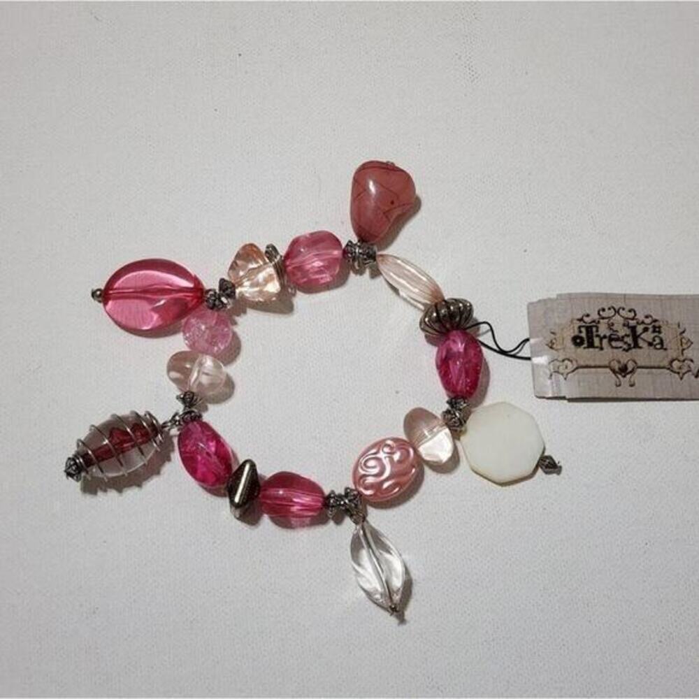 Treska Pink Mixed Bead Stretch Bracelet Bohemian Silver Tone Accents NWT